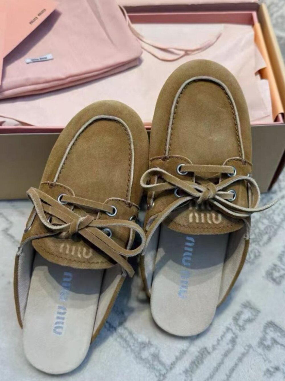 Miu Miu Brown Suede Lace-Up Mule Loafers
